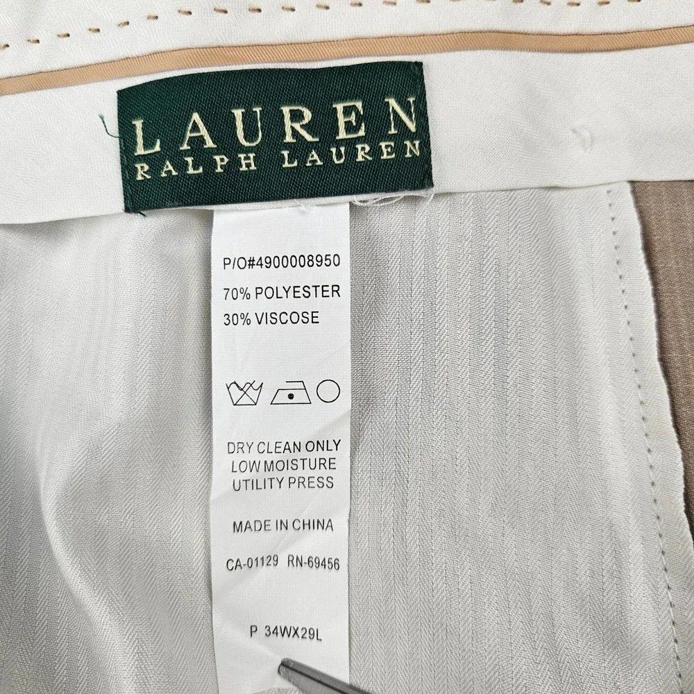 Lauren Ralph Lauren Mens Tan Pleated Cuffed Dress Pants 34x29 Pinstripe Trousers